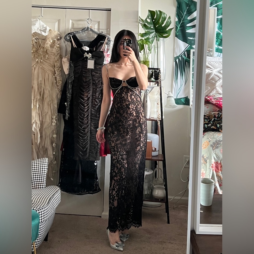 Self Portrait Black Lace Rhinestone Embellished Shoulder Strap Long Dress NWOT - Picture 13 of 14